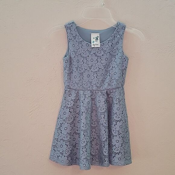 LULY BLEU DUSTY BLUE SLEEVELESS LACY FLORAL DRESS WITH CARDIGAN, SIZE 4 - Picture 8 of 8